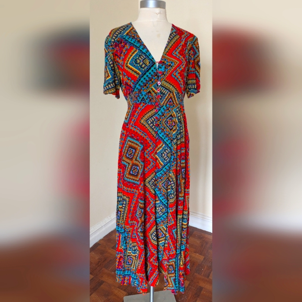 Multicolor Global Short Sleeve Button Front Maxi Geometric Print Dress Size L